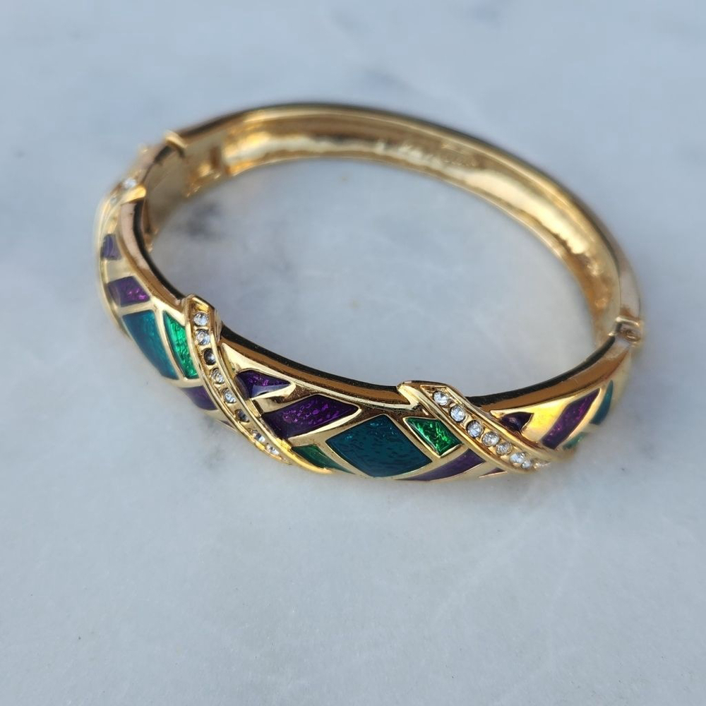 Butler Gold Tone Enamel Rhinestone Bangle Bracelet 6.5 in
